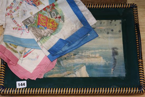 Six Victorian and Edwardian commemorative printed scarves and a doodlebug tray.
